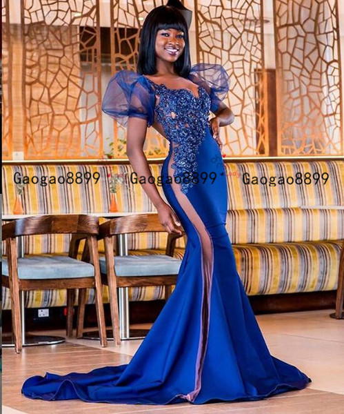 gorgeous Royal blue mermaid Evening Dresses Illusion Lace Appliqued cap sleeves stain See Through sexy african Formal Prom Party Gowns