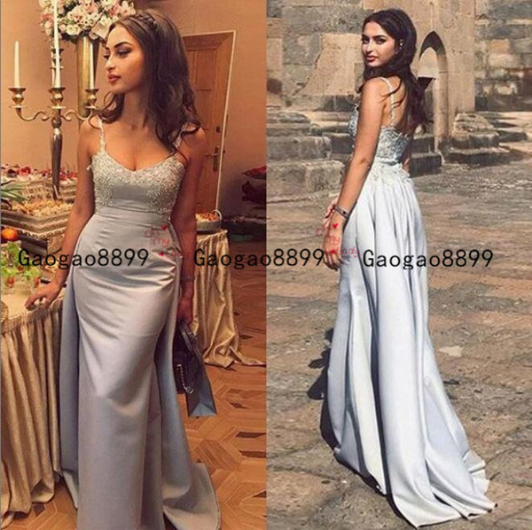 sexy spaghetti Evening Dresses with 3d Lace Applique Prom Party Gowns Sweep Train zipper back Formal party Wear