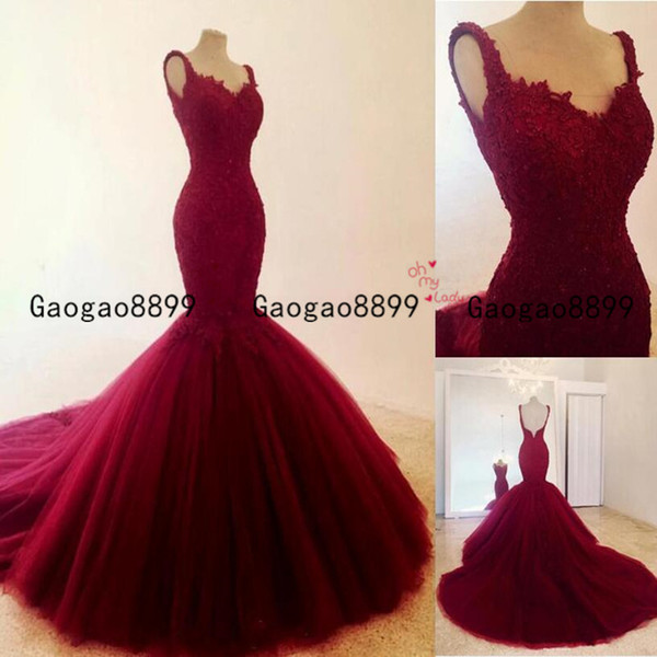 gorgeous dark red Mermaid Evening Dresses with Lace Appliqued beaded custom made tulle court trian Formal Prom Party Gowns custom made