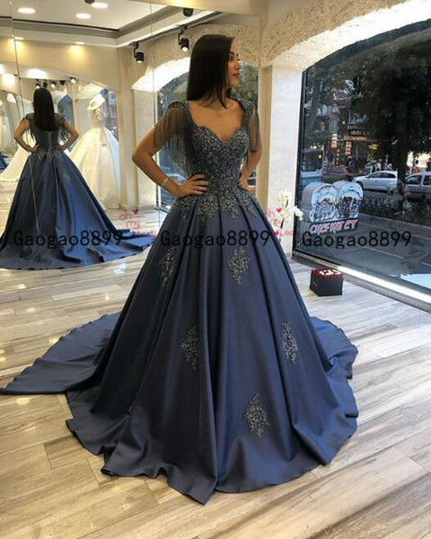 gorgeous ball gown Evening Dresses with Lace Appliqued beaded custom made sweep train stain luxury Formal Prom Party Gowns custom made