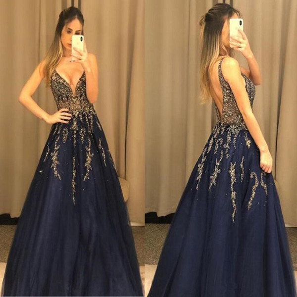 sexy Evening Dresses with shinny beaded lace appliques evening gowns chic long Prom Dresses Illusion bodice backless Abendkleider