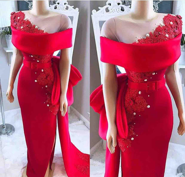 african Elegant Red Off The Shoulder Evening Dresses Sheath Lace Appliques Formal Party Gowns Sheer Neck bow sash Prom Dresses