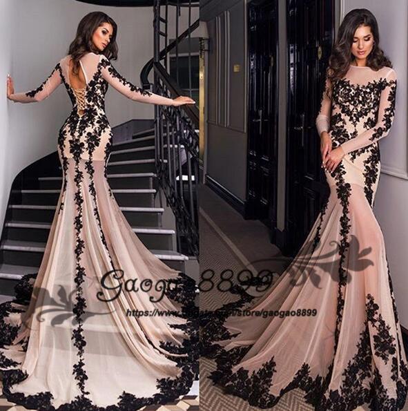 Luxury Zuhair Murad black lace applique mermaid sexy evening dresses Dubai long sleeves lace up Formal Gowns illusion tulle Prom Dress