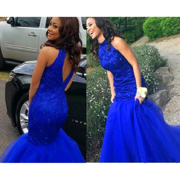 African Black Girl Royal Blue Mermaid Prom Dresses Long Lace Tulle Skirt Formal Evening Party Gowns Vestido Festa Longo Noite Casamento