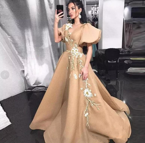 Chic Champagne Prom Dresses Saudi Arabic Poet Short Sleeves celebrity Evening Gowns embroidery V Neck Yousef Aljasmi Women Formal Wear