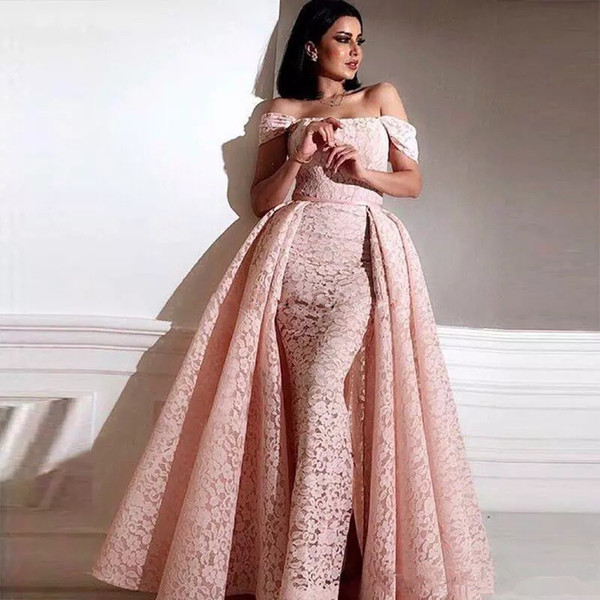 Sexy blush Pink Vintage Lace Overskirt Evening Dresses Yousef Aljasmi Off Shoulder Arabic Dubai Celebrity Formal Prom party Gowns