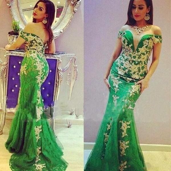 Saudi Arabic Green Mermaid Evening Dresses Party Prom Wear Off Shoulder Lace Applique Plus Size Sweep Train Formal Party Dresses