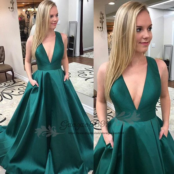 Modest emerald green evening dresses with pockets elegant satin A line deep V open neck formal celebrity prom party gowns cheap