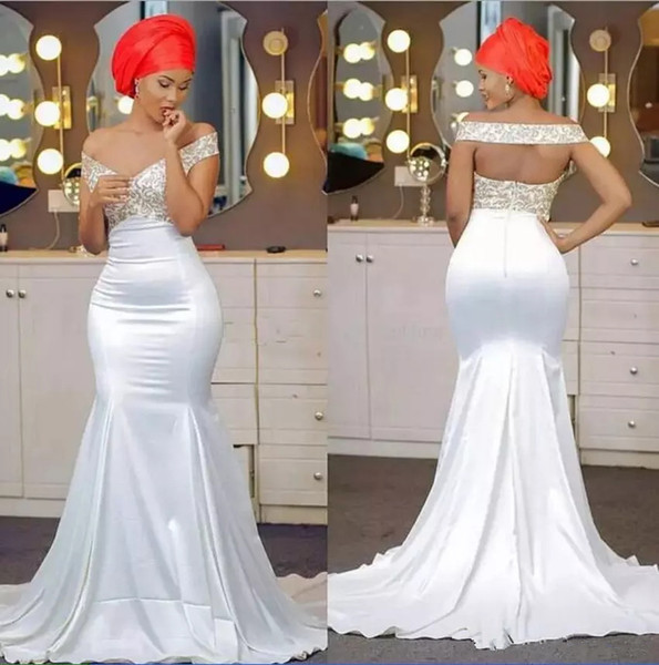 Off The Shoulder white gold Mermaid Prom Dresses Beaded Backless Satin Backless Aso Ebi African Prom Dresses Nigerian style Evening Dresses