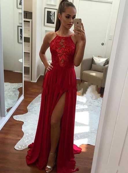 Sexy High Split Red Prom Dresses A-Line Halter Lace Illusion Bodice Long Chiffon Special Occasion Formal Evening for Party Wear