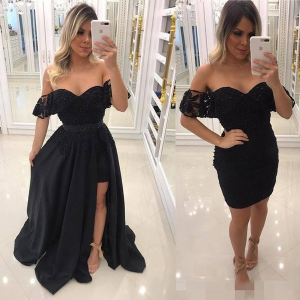 Black Two Pieces Long Prom Dresses Evening Gowns with Overskirt Off Shoulders Lace Beaded Sheath Mini Short Prom Gowns Side Split Satin