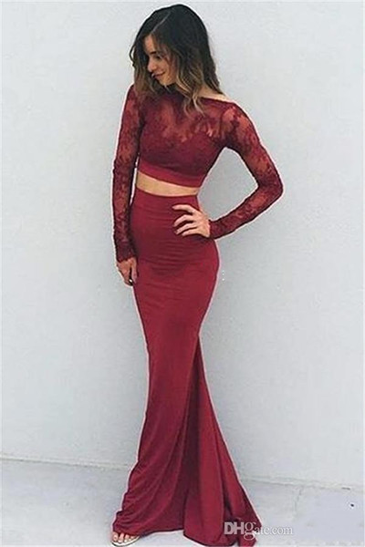 Burgundy Two Pieces Evening Dress Wear Backless Sheer Neck Long Sleeves Prom Dresses Mermaid Pleats Button Back Cheap Party Gowns DTJ