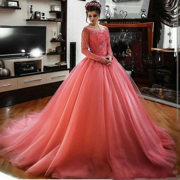 Coral Sheer Long Sleeves Arabic Evening Reception Dresses Chapel Train Plus Size Formal Prom Party Gowns With Lace Celebrity Dress DTJ