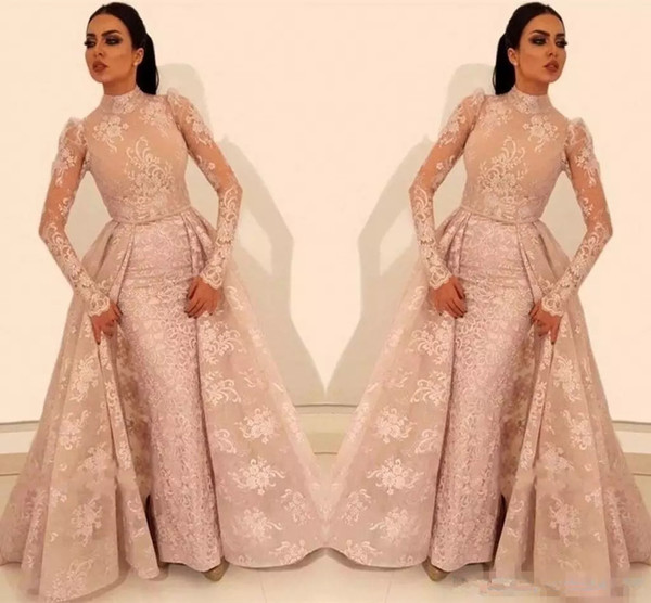 Glamorous Long Sleeve Arabic Prom Dresses high neck Lace Evening Gowns with overskirt detachable train formal celebrity prom Gowns