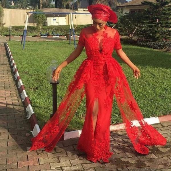 Red Nigerian Style Lace Front Split Prom Dresses Long Short sleeves formal evening gowns Women Special Occasion Wear