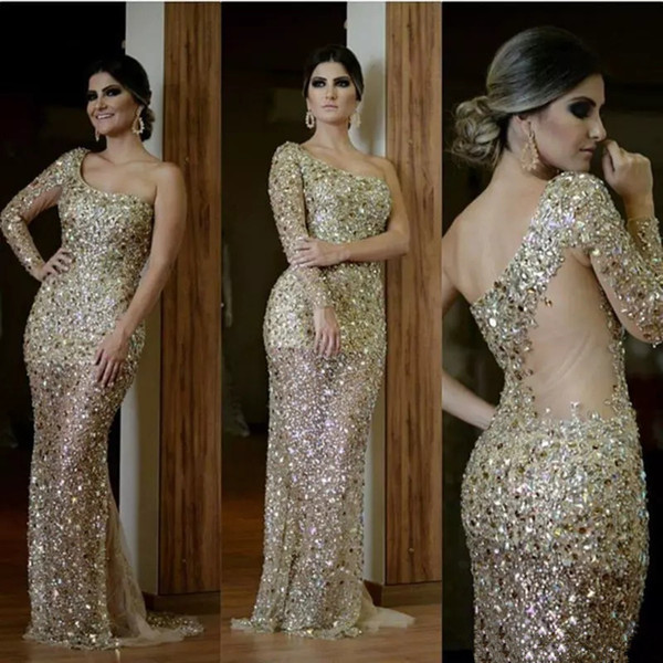 Luxury Champagne gold Arabic Mermaid Evening Dresses 2022One Shoulder Long Sleeves Major Beading split Formal celebrity Prom Party gowns