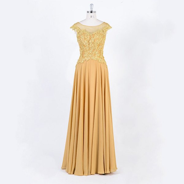 Gold Lace Chiffon Evening Dresses Formal Evening Gowns with Scoop Neck Floor Length Party Dresses