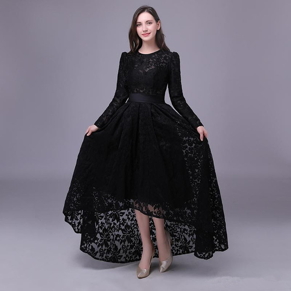 Black Lace Evening Dresses Long Sleeves Evening Gown Jewel Neck High Low Prom Dress Vestido