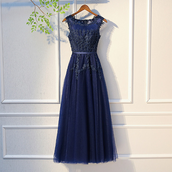 Navy Blue Tulle with Lace Beads Long Evening Dresses Wear Floor Length Evening Gowns abiye gece elbisesi