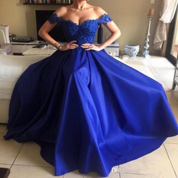 Beading Satin Long Evening Dresses with Lace appliques Off Shoulder Prom Gowns Royal Blue Party Dress