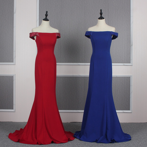 Beading Off Shoulder Satin Long Evening Dress Blue Red Mermaid Evening Gowns Elegant Formal Dresses for Party