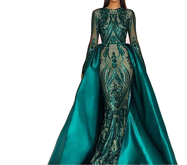 Vestidos De Festa Sequins Satin Long Evening Dresses with Long Sleeves Dark Green Runway Fashion Dress