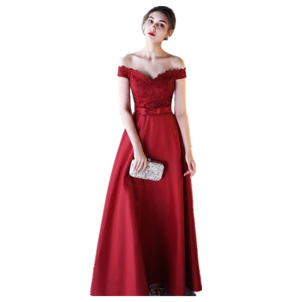 Off Shoulder Lace Satin Long Evening Dresses Burgundy Lace Up Evening Gowns New Party Dress