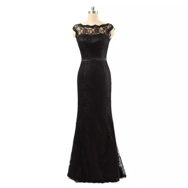 Black Sheath Evening Dresses Full Lace Deep V Back Cover Button Scoop Sleeveless Evening Gowns