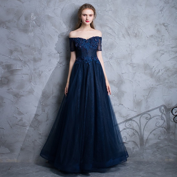 Abiye Off the Shoulder Tulle Long Formal Evening Dresses with Lace Appliques Dark Navy Party Dress Gowns Elegant