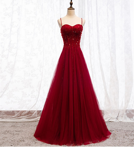 Beaded Sweetheart Tulle Long Evening Dresses with spaghetti straps Dark Red Prom Gowns robe de soiree