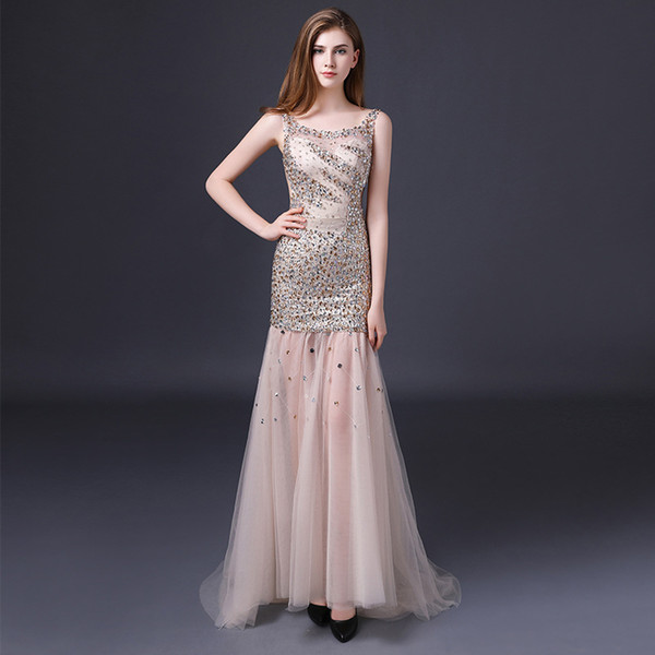 Beaded Scoop Neck Long Tulle Evening Dresses Backless Prom Dress New Floor Length Party Dress