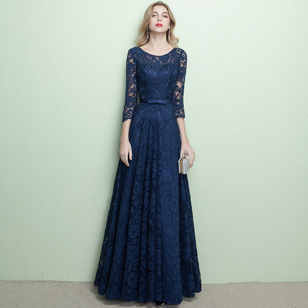 Scoop Neck Lace Evening Dresses Formal Gowns Navy Blue Floor Length Party Dress Fast 