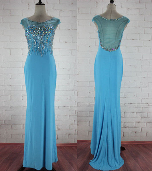 Beaded Chiffon A Line Evening Dresses Sky Blue Long Prom Dress New Scoop Neck Party Dress