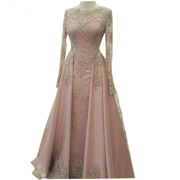 Long Sleeves Evening Dresses with Lace Applique Bead Party Dress Tulle Elegant Blush Pink Prom Dress Vestido longo Fenda