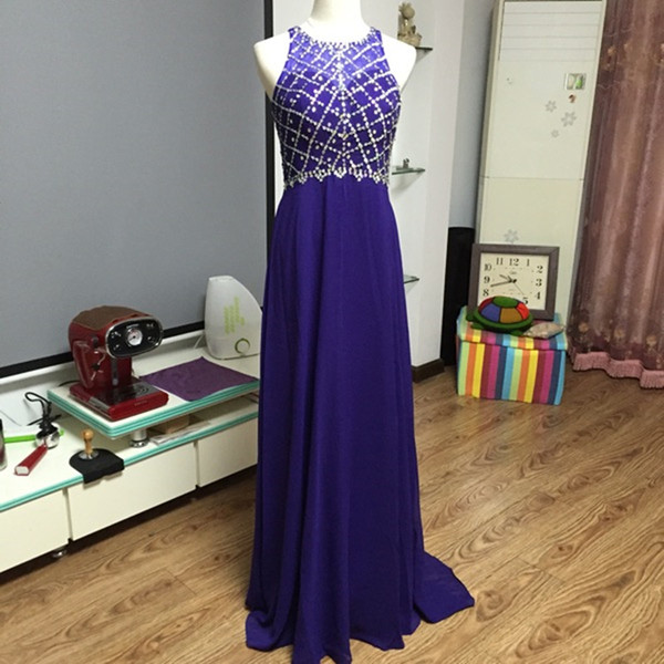 Beaded Jewel Neck Chiffon Long Evening Dress Purple Floor Length Prom Dress Elegant Party Dresses