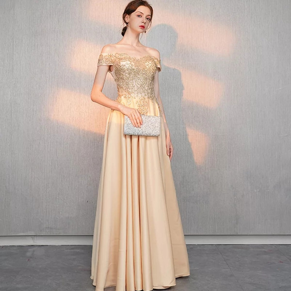 Off Shoulder Evening Dresses with Appliques Gold Satin Formal Dresses Beaded Long Prom Gowns Fast 