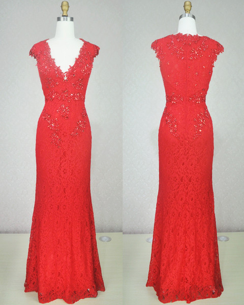 Capped V Neck Lace Mermaid Evening Dresses Red Beaded Evening Gowns Long Formal Dresses Elegant