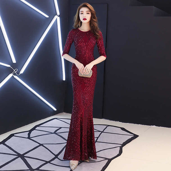 Half Sleeves Lace with sequins Mermaid Evening Gowns Floor Length Prom Dress Burgundy Navy Blue Black