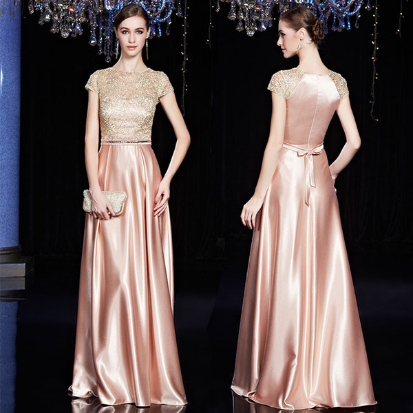 Blush Pink Satin Long Evening Dress with Crystal Sash Floor Length Prom Gowns Lace Embroidery