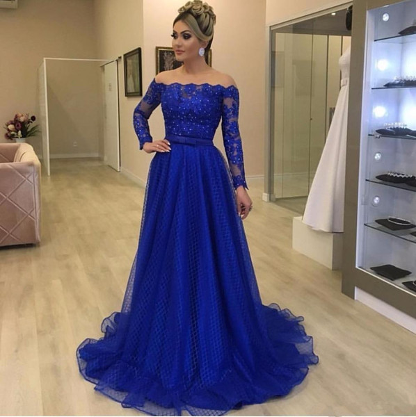 Royal Blue Off Shoulder Evening Dresses Long Sleeves Evening Gowns Beading Formal Dress Floor Length