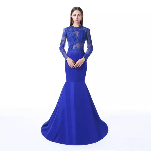 Abaya Jewel Neck Satin Mermaid Evening Formal Dresses with Lace Appliques Long Sleeves Evening Gowns Royal Blue