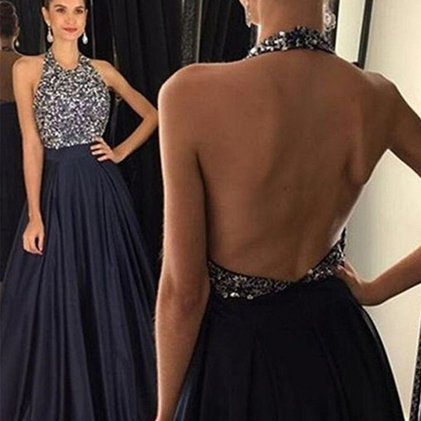 Beaded Satin Long Evening Dress Navy Blue Floor Length Prom Dresses Backless Formal Gowns robe de soiree