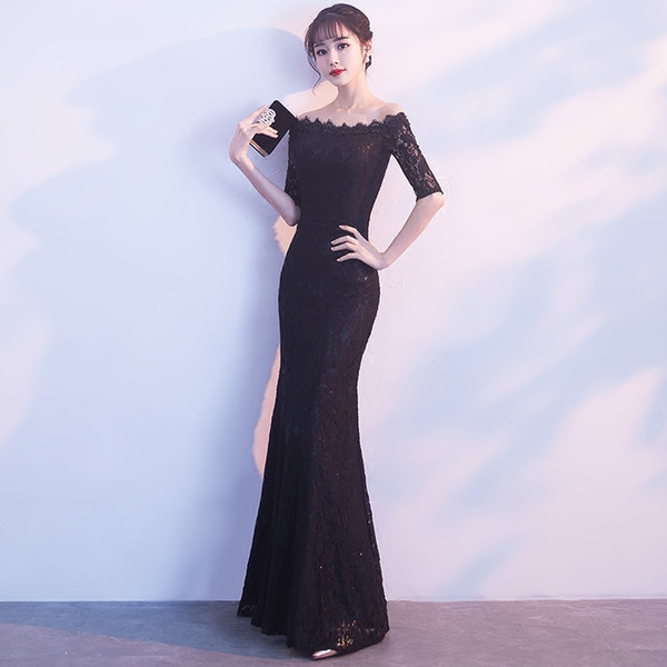 Bateau Neck Lace Mermaid Evening Dresses with Half Sleeves Long Evening Gowns Formal Dress Black Navy