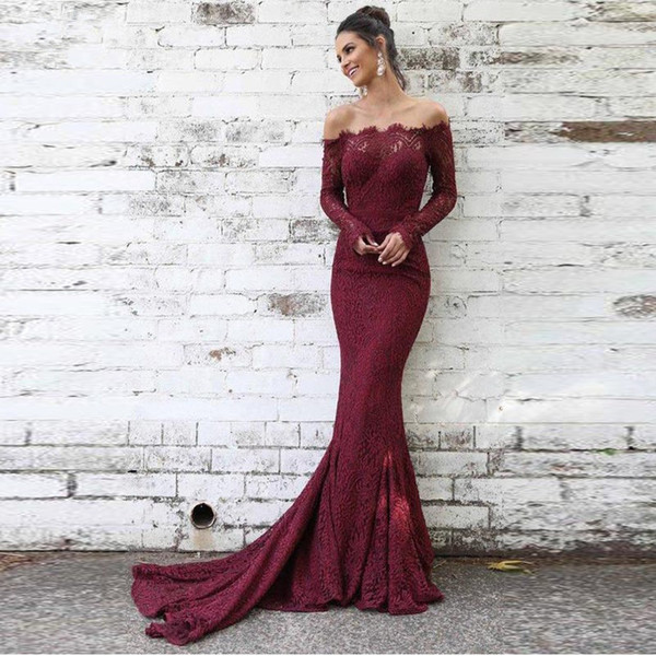 Burgundy Lace Evening Dresses With Full Sleeves Off Shoulder Mermaid Prom Gowns Sexy Formal Dress Robe De Soiree