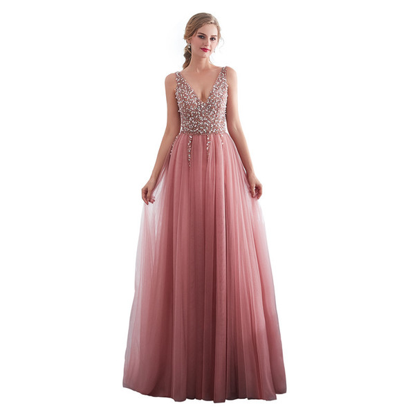 Beaded Tulle V Neck Long Evening Dresses Blush Pink Prom Dress Sexy Split Formal Gowns Lace Up