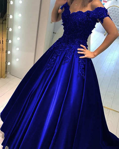 Beaded Satin Evening Dress Short Sleeves Applique Off shoulder Prom Gowns Lace Up Party Dress