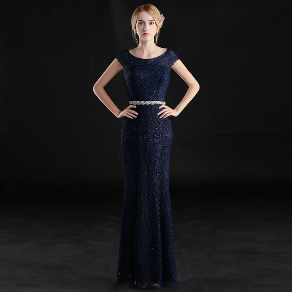 Short Sleeves Lace Mermaid Evening Dresses with Crystal Sash Navy Blue Prom Dress Floor Length Formal Dresses