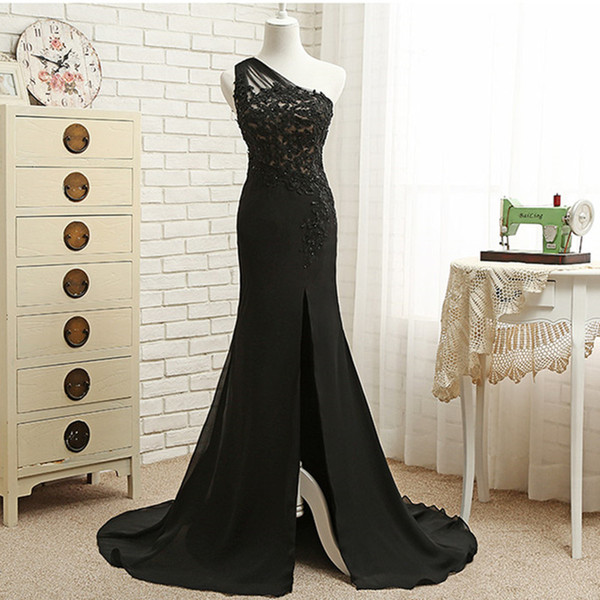 One Shoulder Chiffon Mermaid Evening Dresses Long Split Evening Gowns Lace Appliques Prom Dresses Black