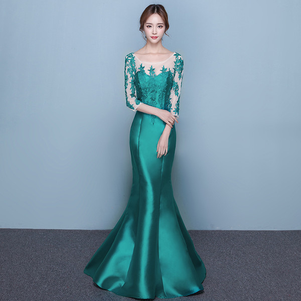 Scoop Neckline Satin with Lace Mermaid Evening Dresses Half Sleeves Evening Gown Dark Green Party Dress