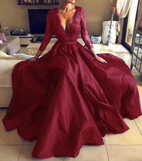 Lace Satin V Neck Evening Dresses 3/4 Long Sleeves Evening Gowns Zipper Back Prom Dress